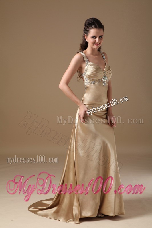 Champagne Prom Gown with Beading and Criss-cross Back
