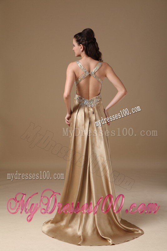 Champagne Prom Gown with Beading and Criss-cross Back