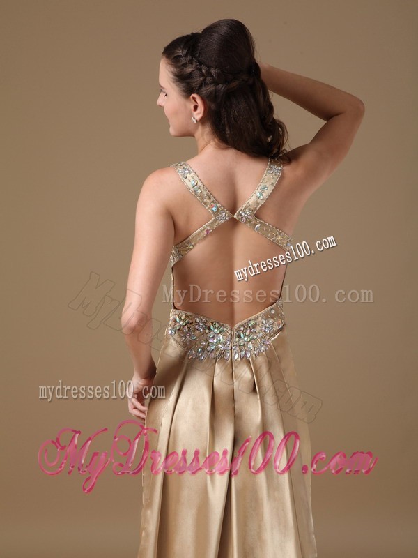 Champagne Prom Gown with Beading and Criss-cross Back