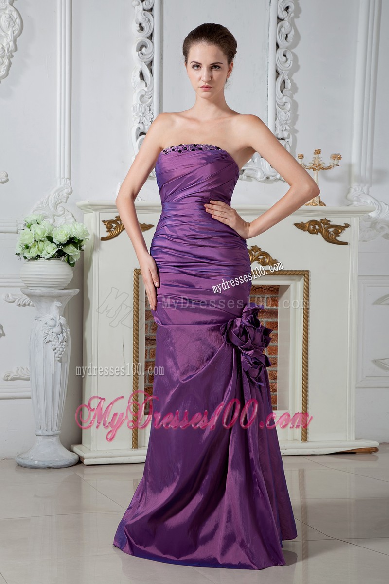 Beaded Strapless Prom Gowns with Ruching and Hand Made Flowers