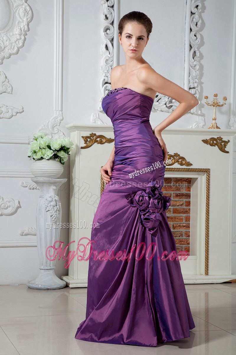 Beaded Strapless Prom Gowns with Ruching and Hand Made Flowers