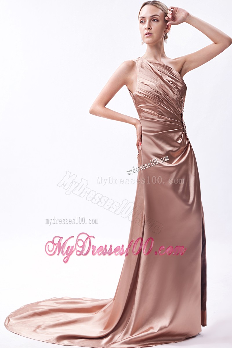 One Shoulder Ruching and Beading Prom Gown with Court Train and High Slit