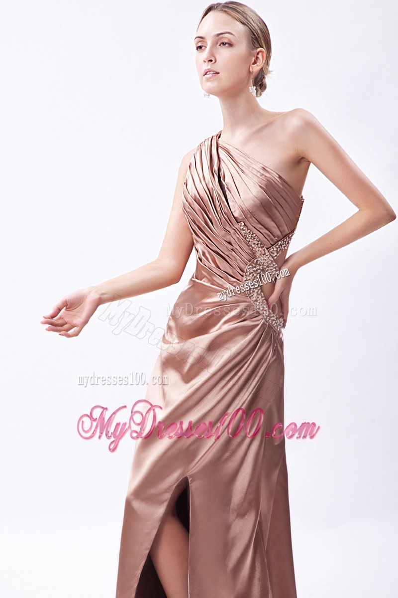 One Shoulder Ruching and Beading Prom Gown with Court Train and High Slit