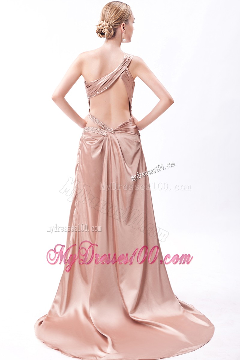 One Shoulder Ruching and Beading Prom Gown with Court Train and High Slit