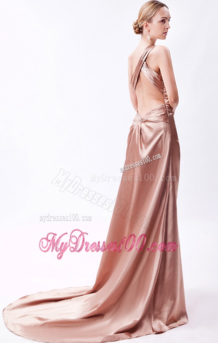 One Shoulder Ruching and Beading Prom Gown with Court Train and High Slit