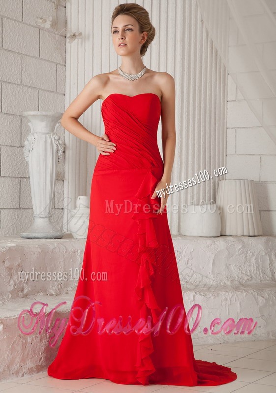 Formal Column Ruffles Court Train Strapless Prom Dresses for Ladies
