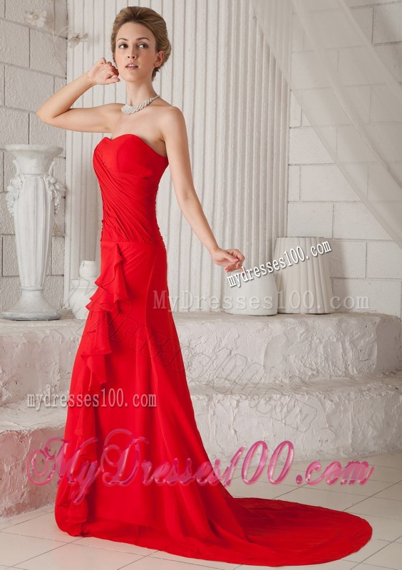 Formal Column Ruffles Court Train Strapless Prom Dresses for Ladies