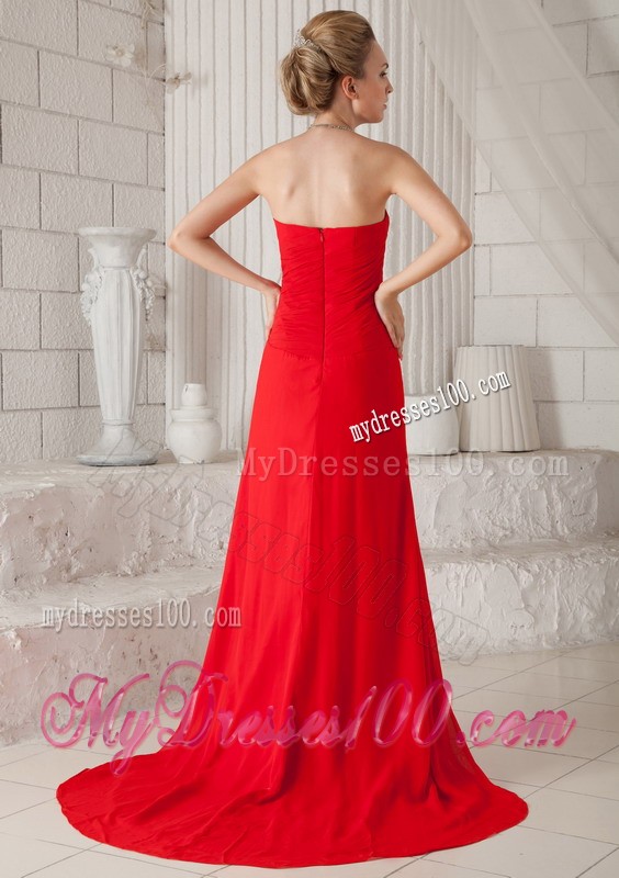 Formal Column Ruffles Court Train Strapless Prom Dresses for Ladies