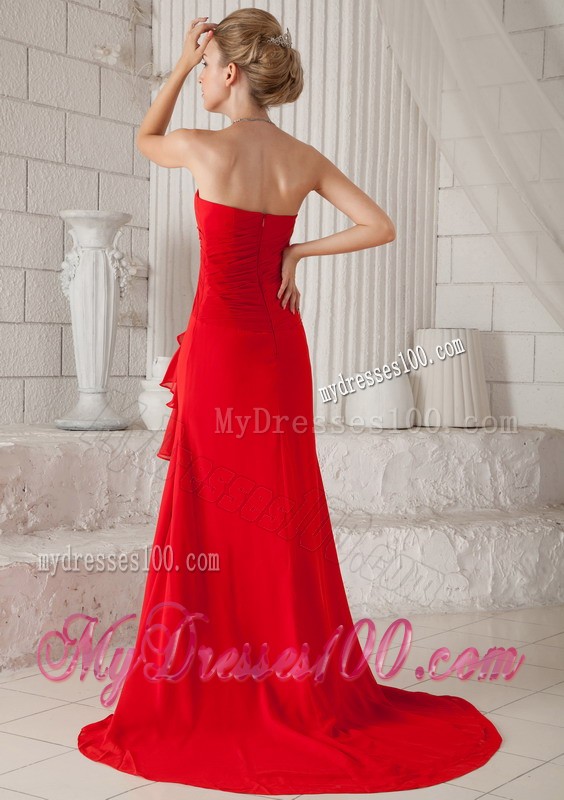 Formal Column Ruffles Court Train Strapless Prom Dresses for Ladies