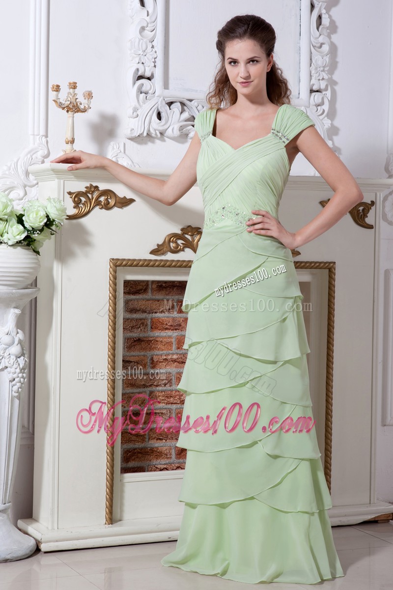 Yellow Green V-neck Straps Floor-length Chiffon Prom Dress