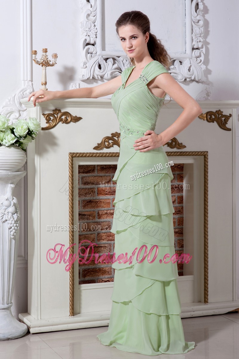 Yellow Green V-neck Straps Floor-length Chiffon Prom Dress