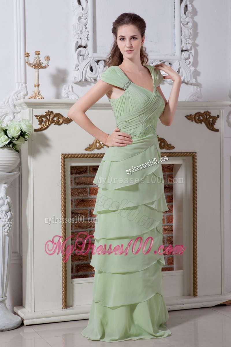 Yellow Green V-neck Straps Floor-length Chiffon Prom Dress