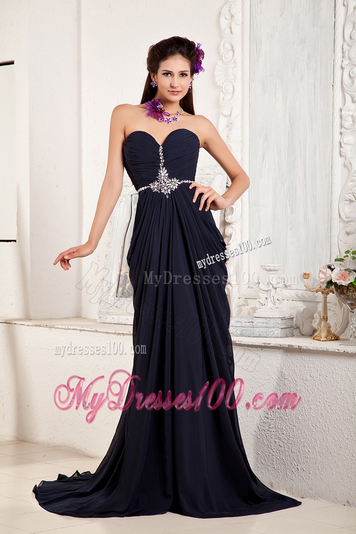 Beaded Navy Blue Brush Train Prom Dress with Pleats