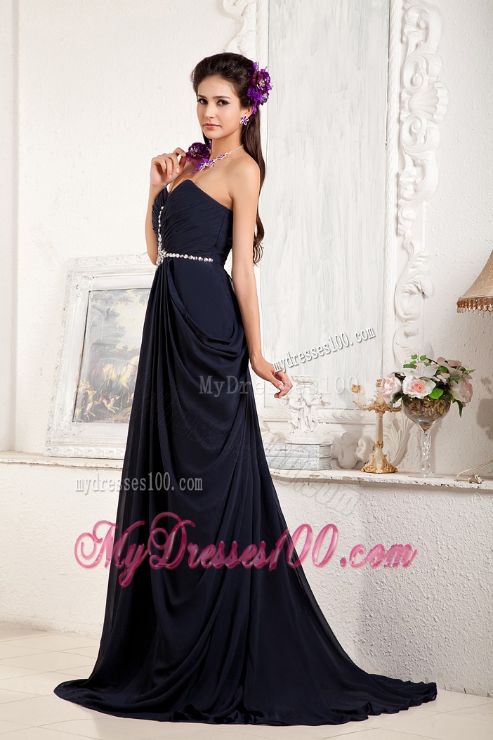 Beaded Navy Blue Brush Train Prom Dress with Pleats