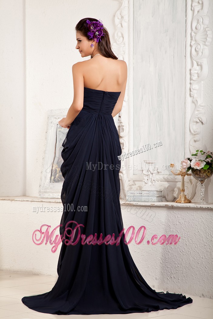 Beaded Navy Blue Brush Train Prom Dress with Pleats