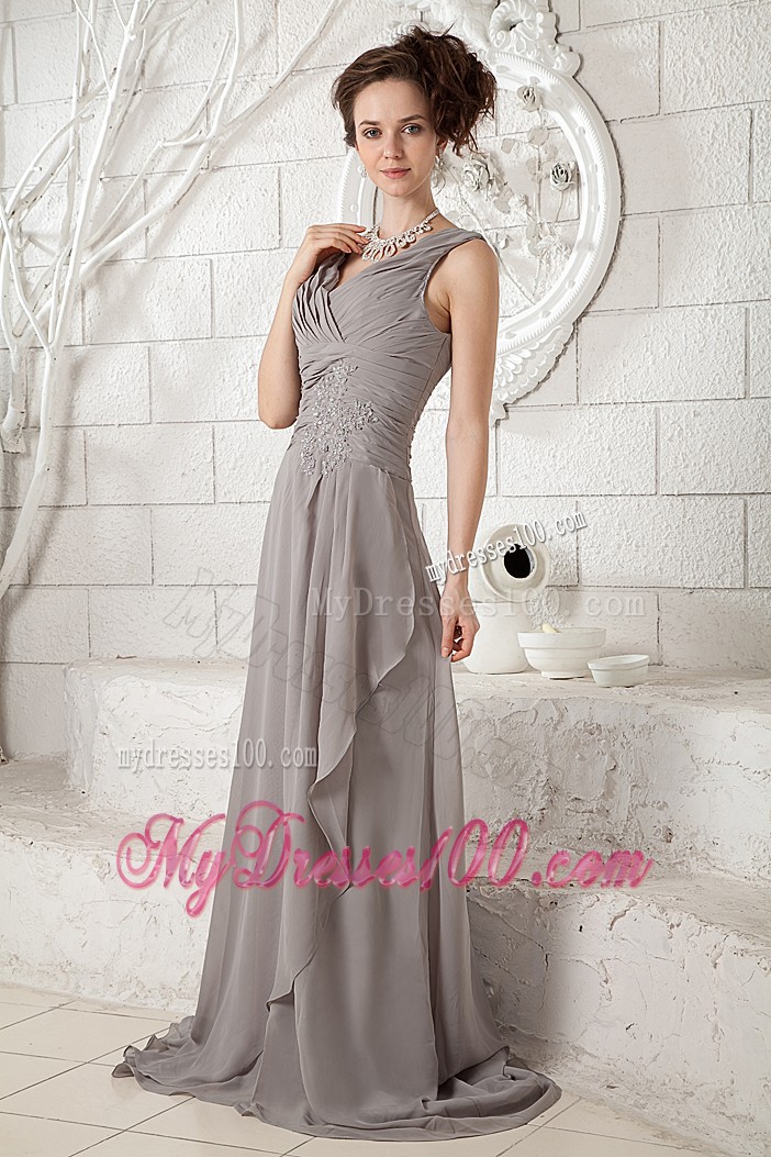 Grey Chiffon V-neck Pron Dress with Brush Train