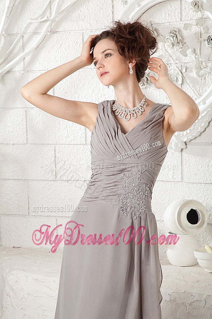 Grey Chiffon V-neck Pron Dress with Brush Train