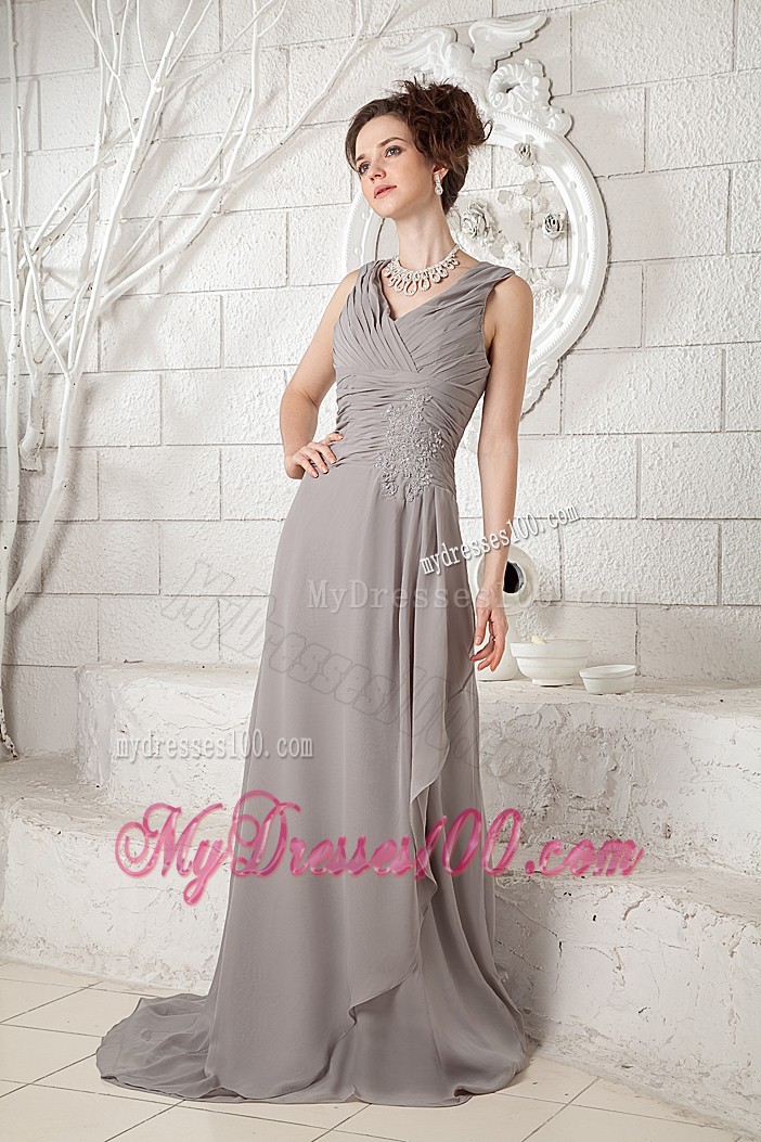 Grey Chiffon V-neck Pron Dress with Brush Train