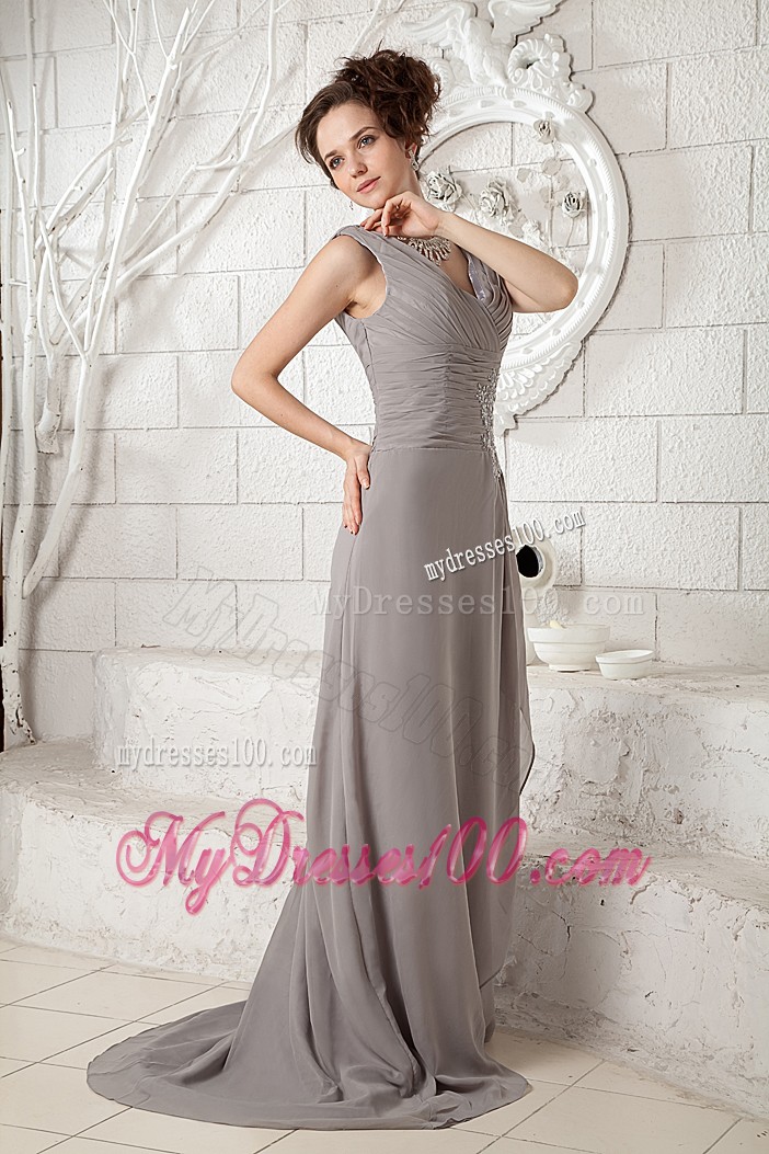 Grey Chiffon V-neck Pron Dress with Brush Train