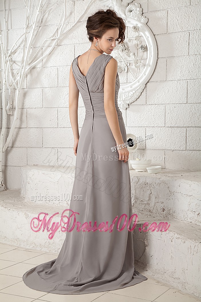 Grey Chiffon V-neck Pron Dress with Brush Train