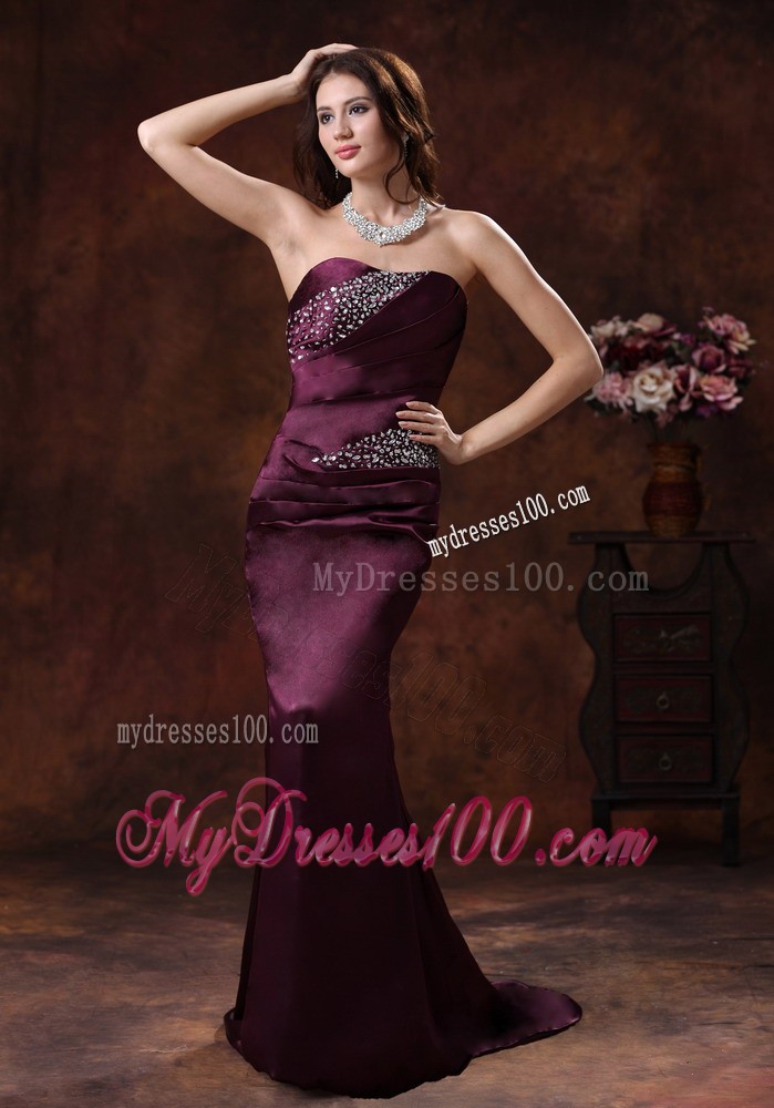 Beaded Dark Purple Prom Dress with Brush Train