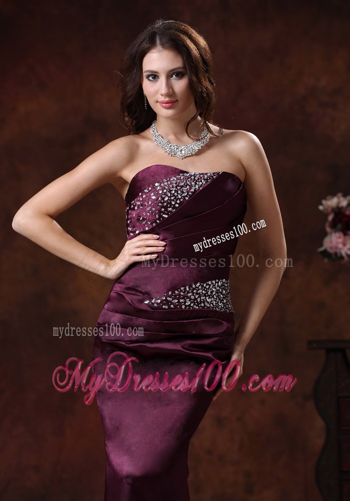 Beaded Dark Purple Prom Dress with Brush Train