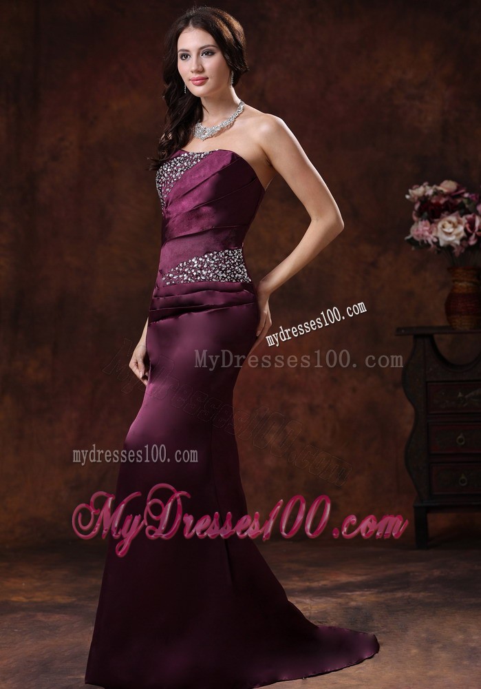 Beaded Dark Purple Prom Dress with Brush Train