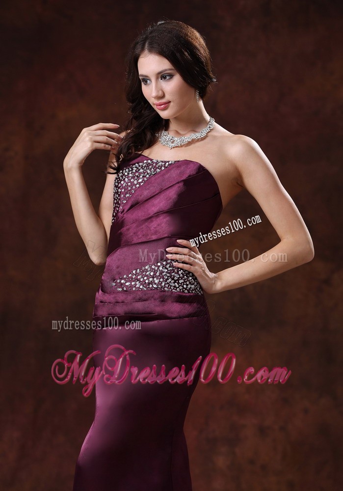 Beaded Dark Purple Prom Dress with Brush Train