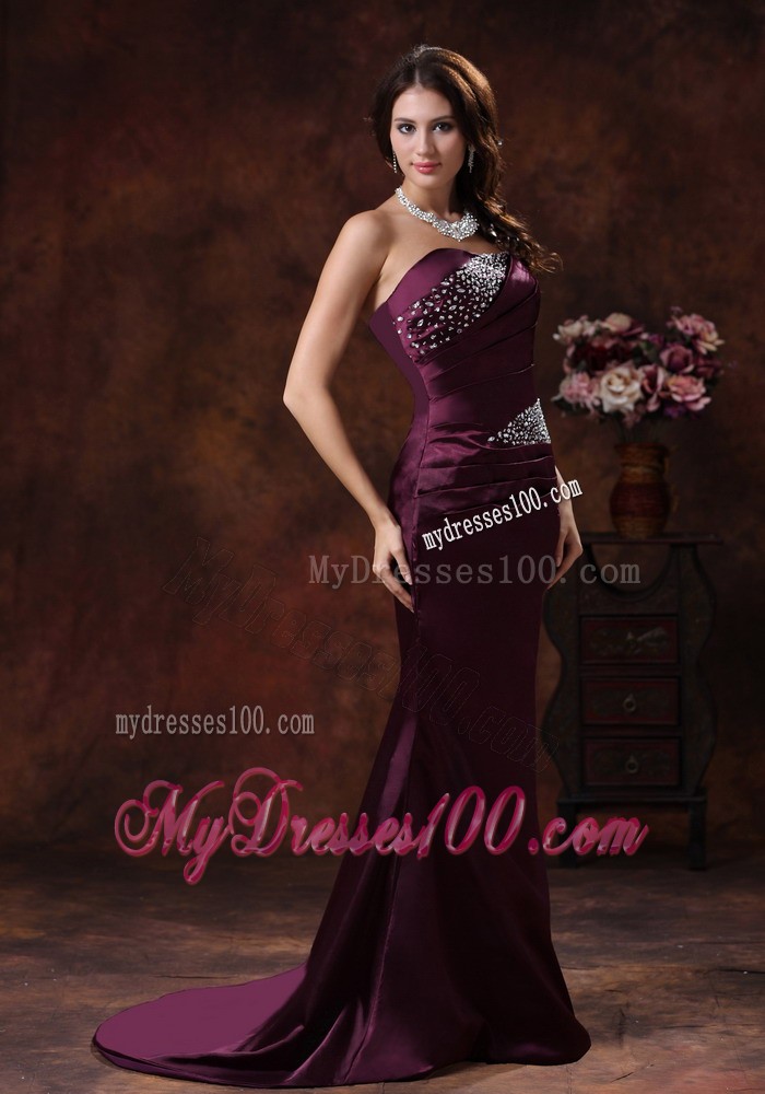 Beaded Dark Purple Prom Dress with Brush Train