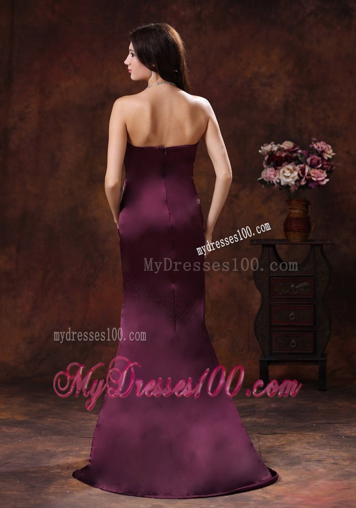 Beaded Dark Purple Prom Dress with Brush Train