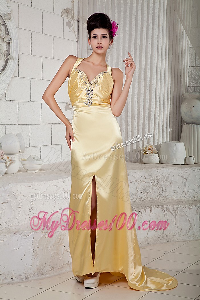 Straps Slitted Gold Brush Prom Dress with Beading