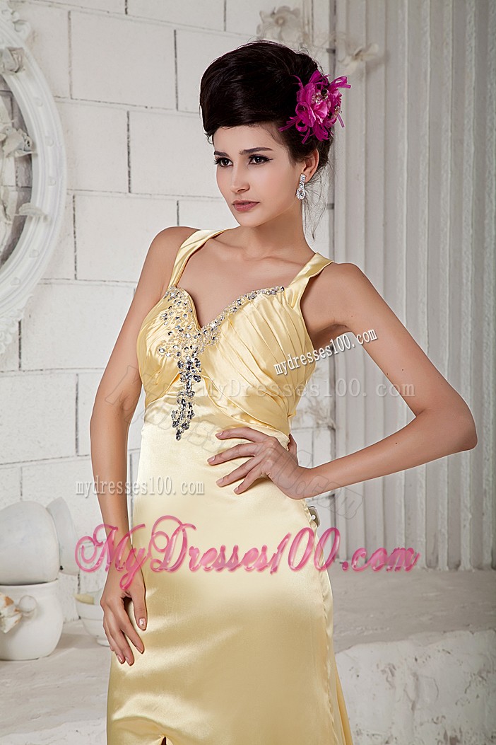 Straps Slitted Gold Brush Prom Dress with Beading