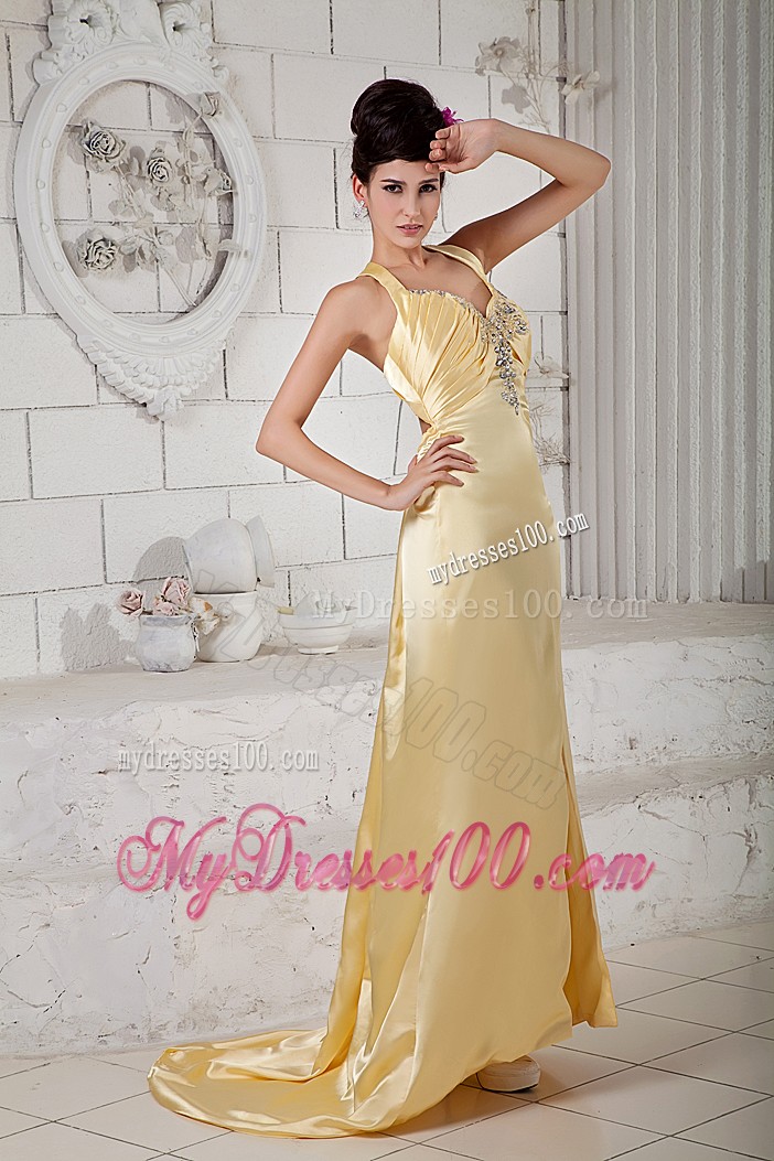 Straps Slitted Gold Brush Prom Dress with Beading