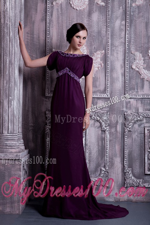 Dark Purple Beaded Prom Dress Bateau Neckline Short Sleeve