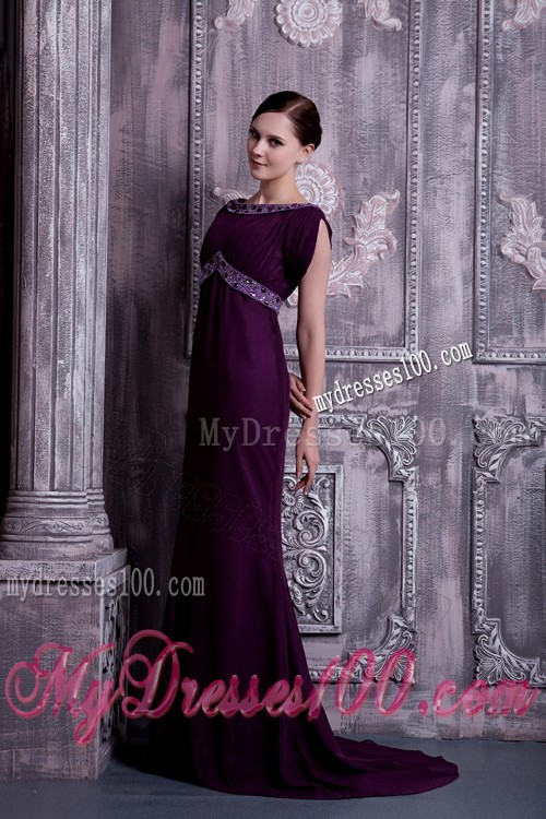 Dark Purple Beaded Prom Dress Bateau Neckline Short Sleeve