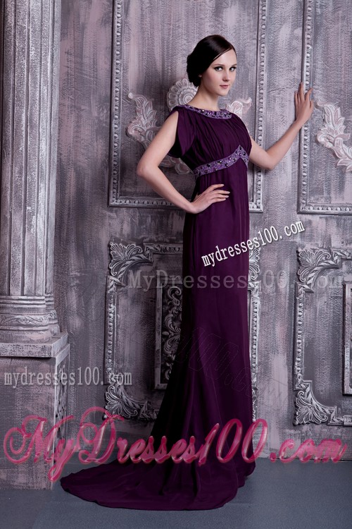 Dark Purple Beaded Prom Dress Bateau Neckline Short Sleeve