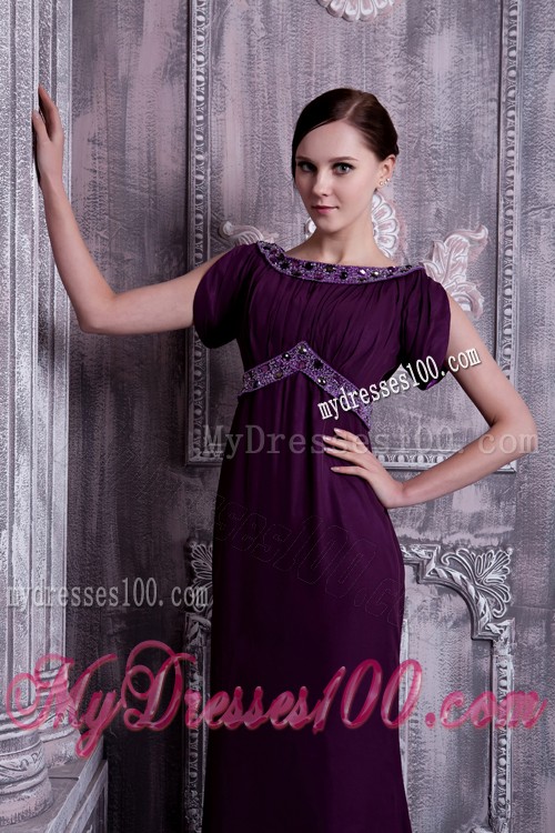Dark Purple Beaded Prom Dress Bateau Neckline Short Sleeve