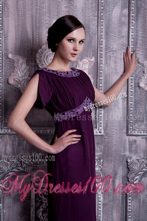 Dark Purple Beaded Prom Dress Bateau Neckline Short Sleeve