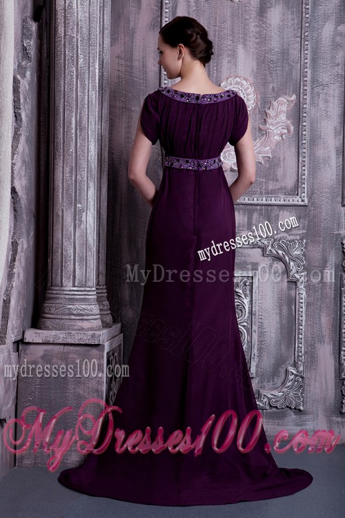Dark Purple Beaded Prom Dress Bateau Neckline Short Sleeve