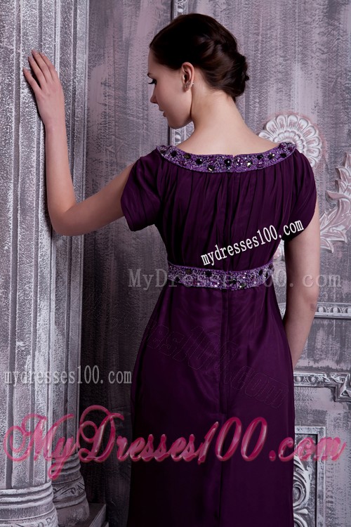 Dark Purple Beaded Prom Dress Bateau Neckline Short Sleeve