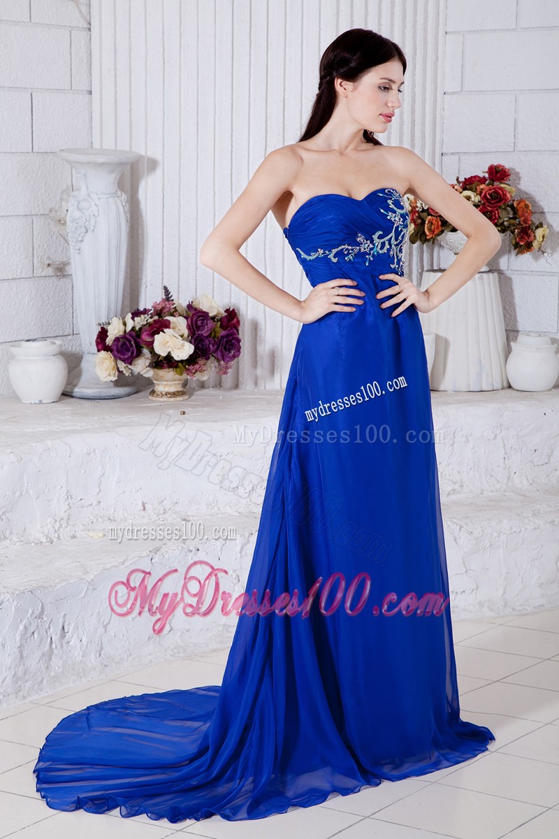 Modest Dress for Prom in Blue with Court Train and White Appliques