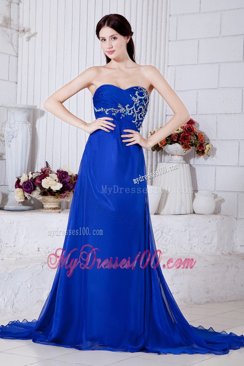 Modest Dress for Prom in Blue with Court Train and White Appliques
