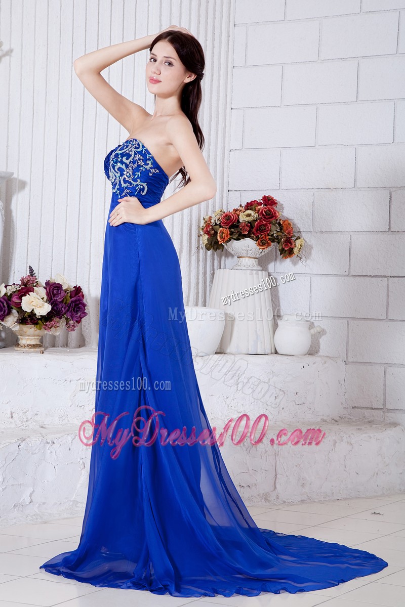 Modest Dress for Prom in Blue with Court Train and White Appliques