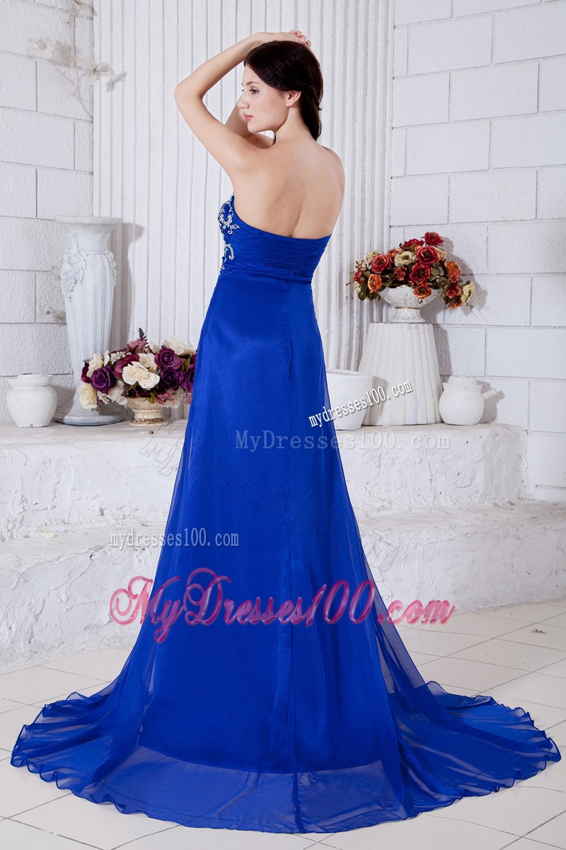Modest Dress for Prom in Blue with Court Train and White Appliques