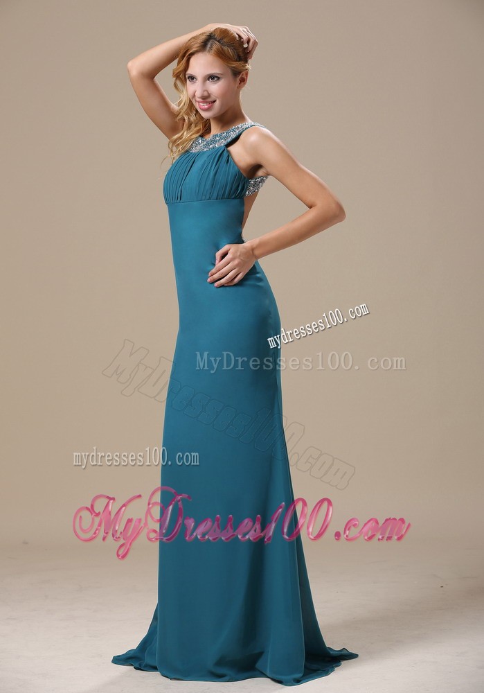 Beading Scoop Ruching Trumpet Prom Gown in Teal with Sweep Train