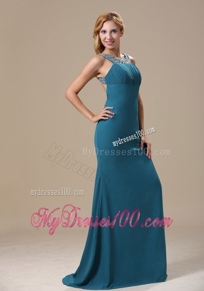 Beading Scoop Ruching Trumpet Prom Gown in Teal with Sweep Train