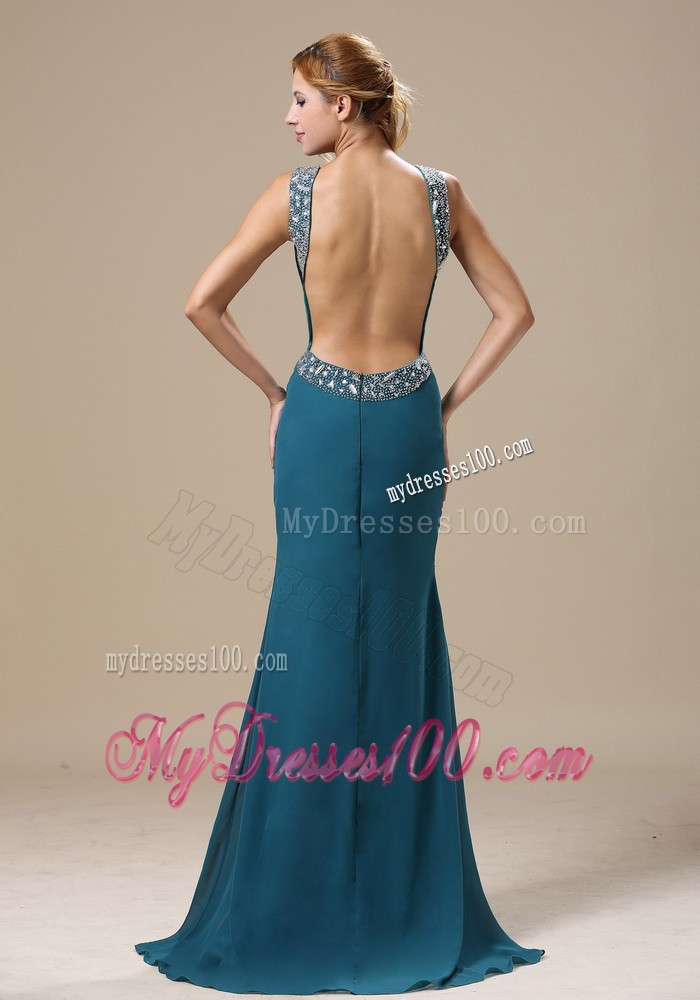 Beading Scoop Ruching Trumpet Prom Gown in Teal with Sweep Train