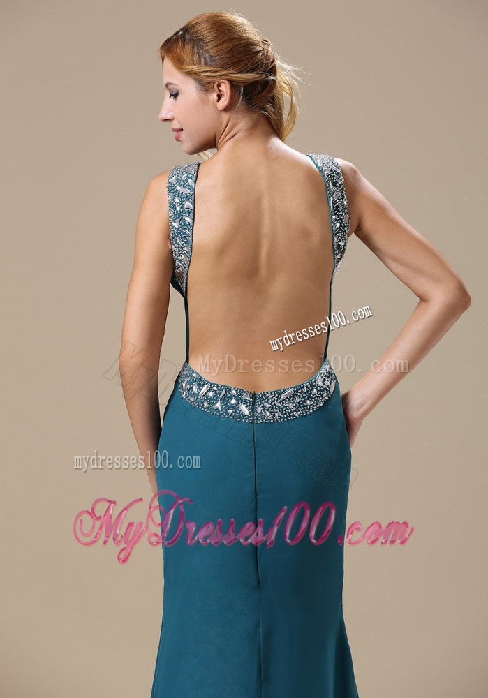 Beading Scoop Ruching Trumpet Prom Gown in Teal with Sweep Train