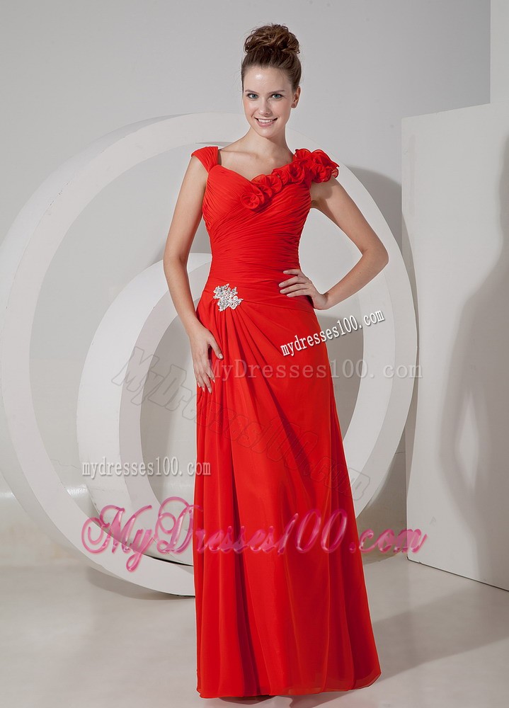 Handle Flowers Wide Straps Ruching Prom Dress with Appliques