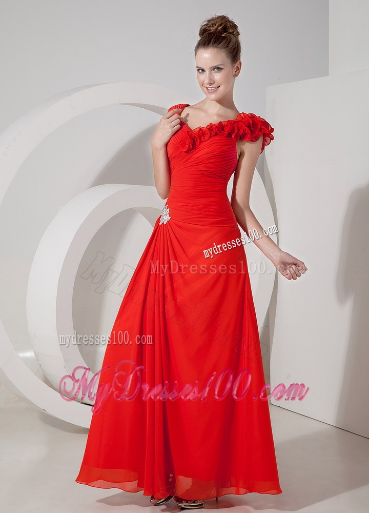 Handle Flowers Wide Straps Ruching Prom Dress with Appliques